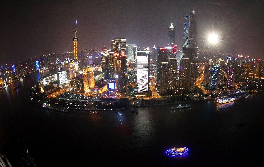 Aerial view of illuminated buildings in Shanghai