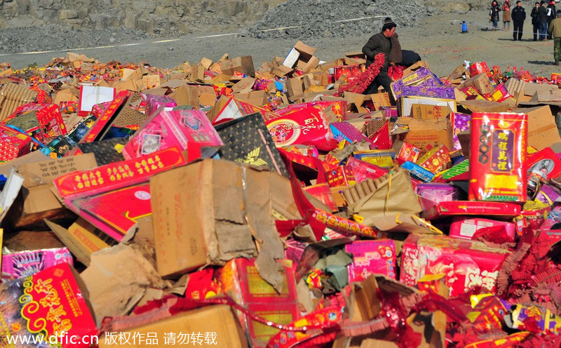 Illegal fireworks confiscated, burned in NE China