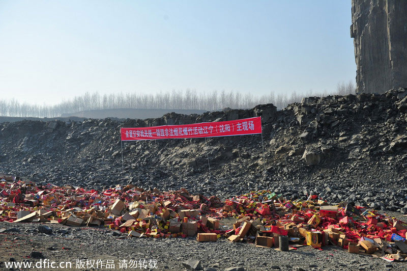 Illegal fireworks confiscated, burned in NE China