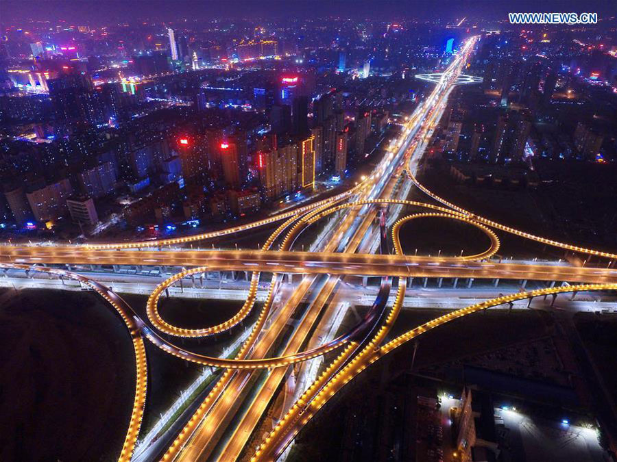 Night view of overpasses in C China's Henan