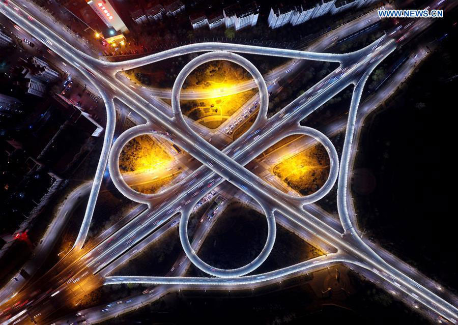 Night view of overpasses in C China's Henan