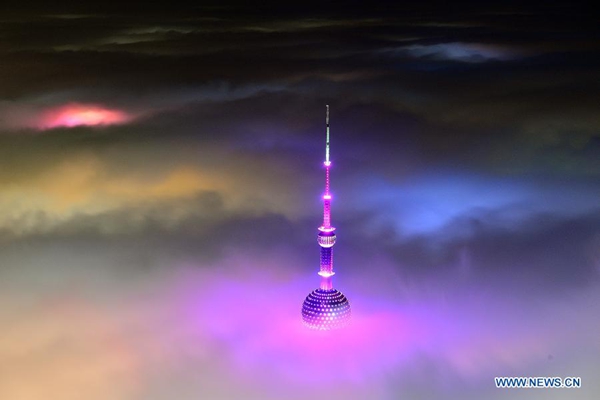 Magnificent scene: buildings amid heavy fog in Shanghai