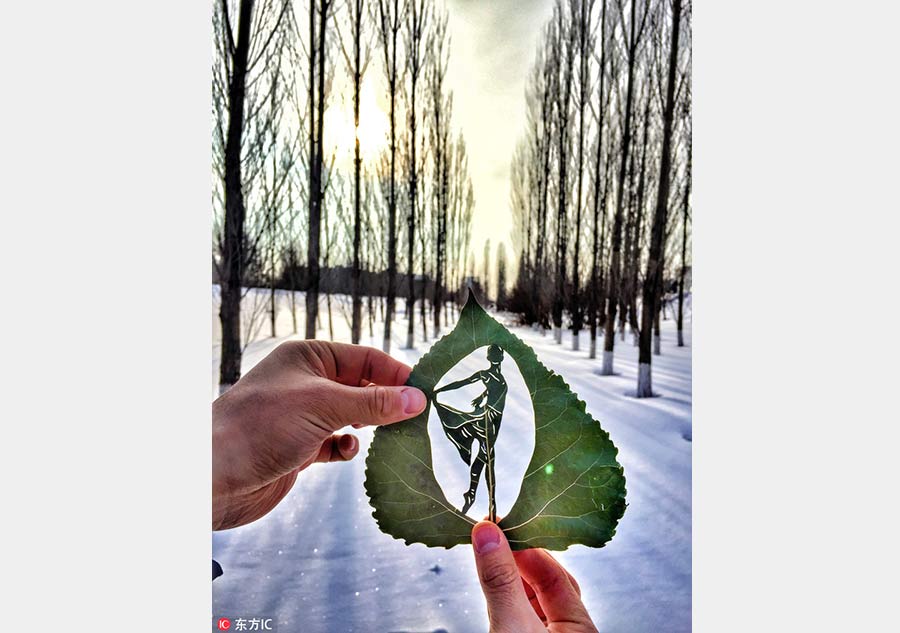 Leaf cutting art shows beauty of life