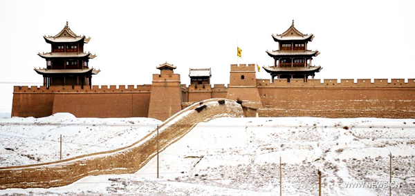 Snow-covered Jiayuguan in NW China