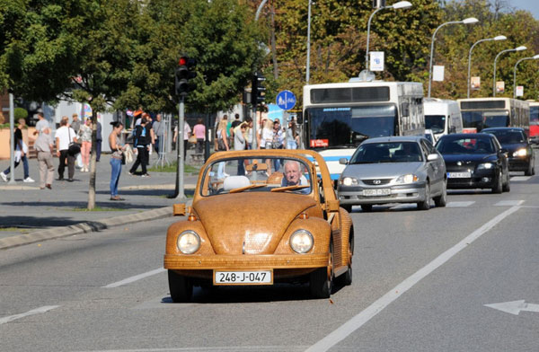 Hand-built wooden Volkswagen Beetle