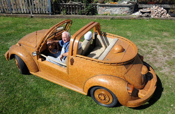 Hand-built wooden Volkswagen Beetle