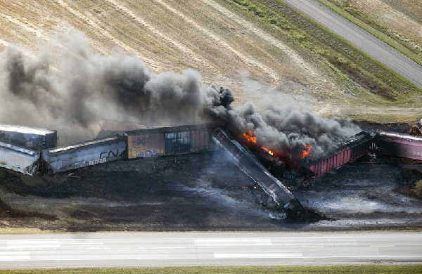 Train derails in Saskatchewan, catches fire