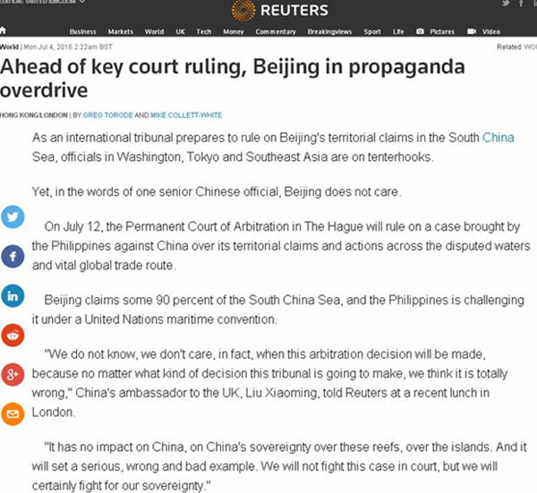 Ambassador Liu Xiaoming gives interview to Reuters on the South China Sea
