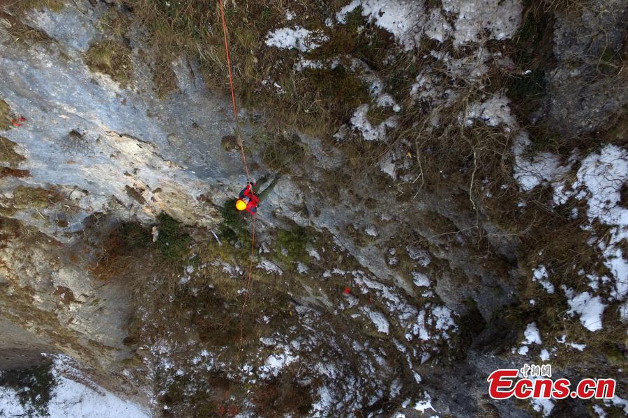 Mountain 'Spiderman' collects garbage at a cliff