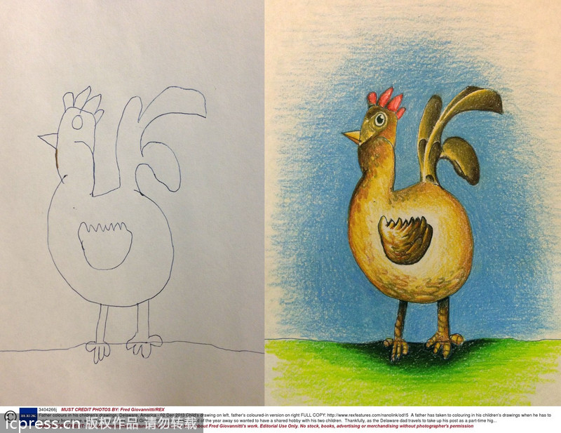 Father colors in his children's drawings