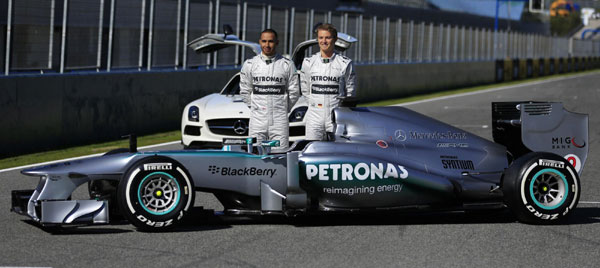 Hamilton shows off his new Mercedes