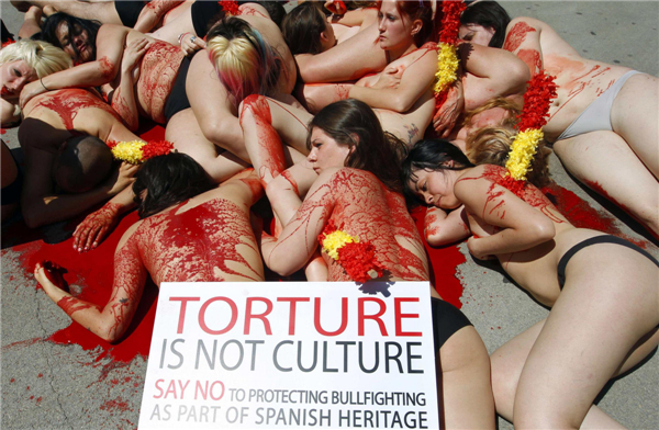 Activists protest against bullfighting in Spain