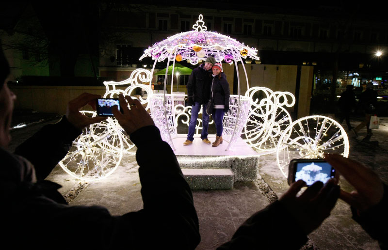 Christmas lights illuminated in Poland