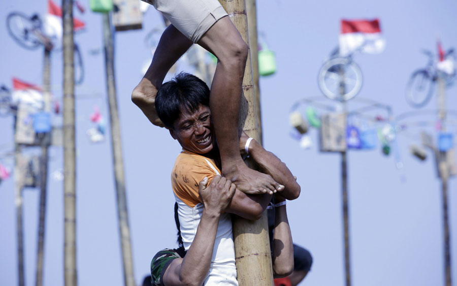 Men in Indonesia climb greased poles to win prizes